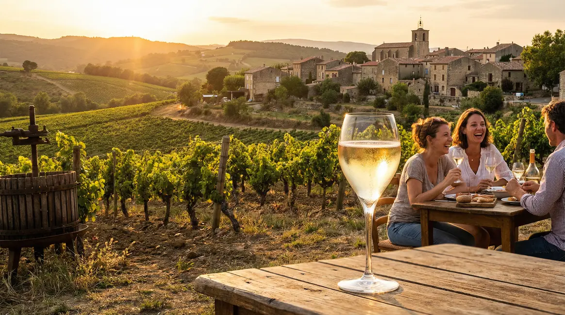 Vue du vignoble de Limoux avec village et coupe de vin effervescent
