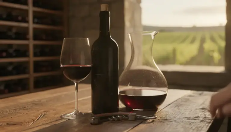 bouteille de vin rouge tannique et accessoires de dégustation