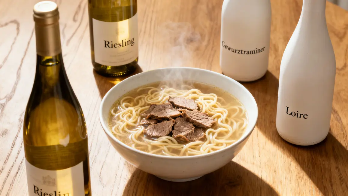 Vins blancs avec soupe nouilles boeuf