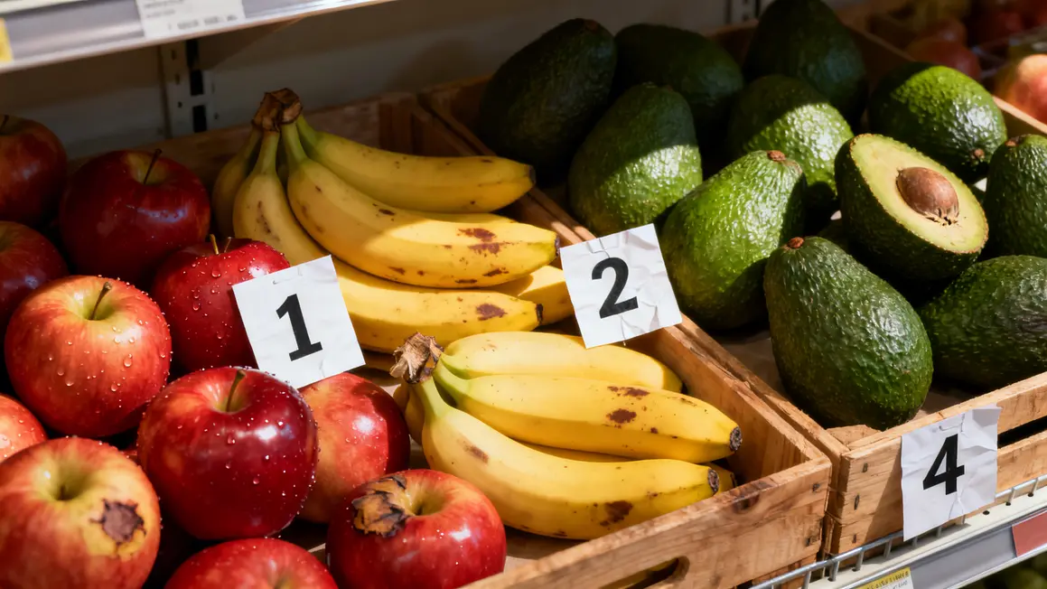 Avocat isole supermarché, prix, pommes, bananes