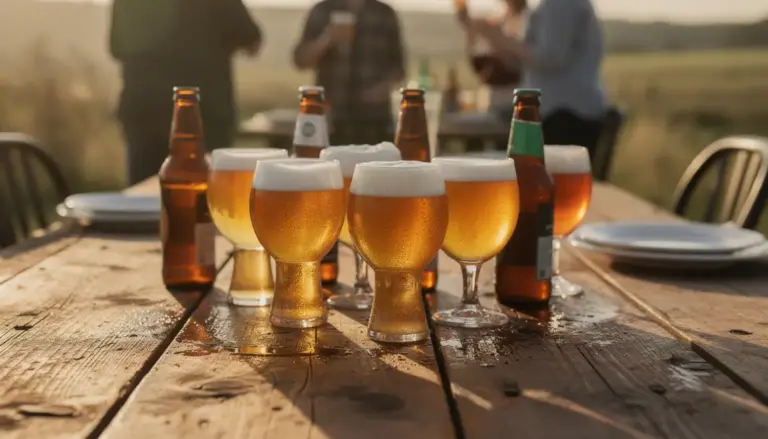 Verres biere artisanale table bois ambiance conviviale