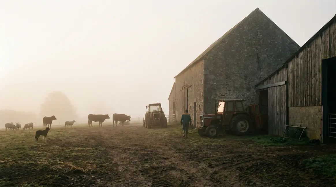 Brume matinale sur une ferme francaise avec animaux et hangars
