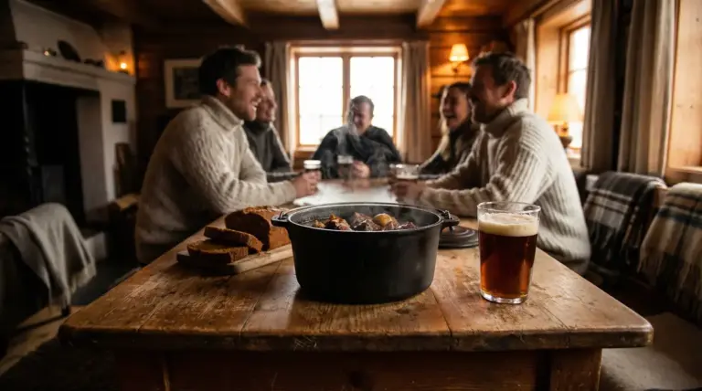carbonade flamande servie sur table rustique ambiance hiver