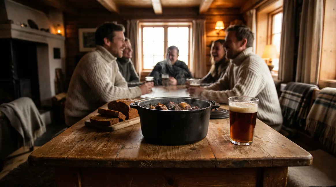 carbonade flamande servie sur table rustique ambiance hiver