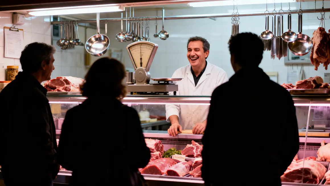 comptoir boucherie clients matin animation