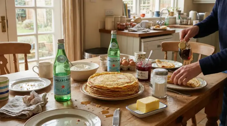 Table conviviale avec crepes fines et eau gazeuse