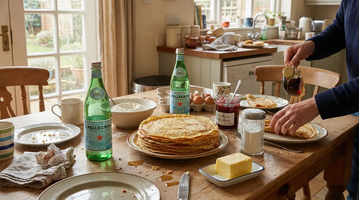 Table conviviale avec crepes fines et eau gazeuse