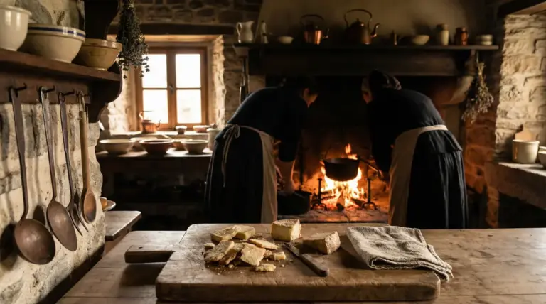 Croûtes de fromage triées en cuisine rustique village au matin