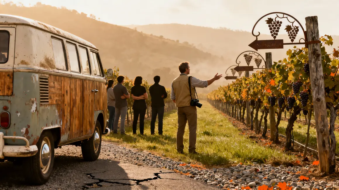 van retro degustation vin paysage vignoble
