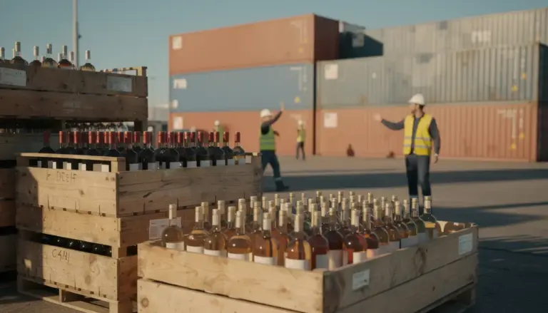 Caisse vin spiritueux français quai portuaire exportation