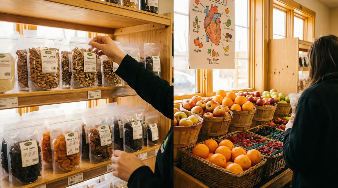Rayon supermarche avec fruits secs et oleagineux naturelle, lien cholesterol