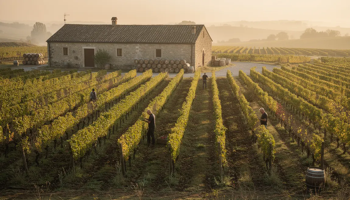 vignoble lever soleil chai tradition silhouette vignerons barriques
