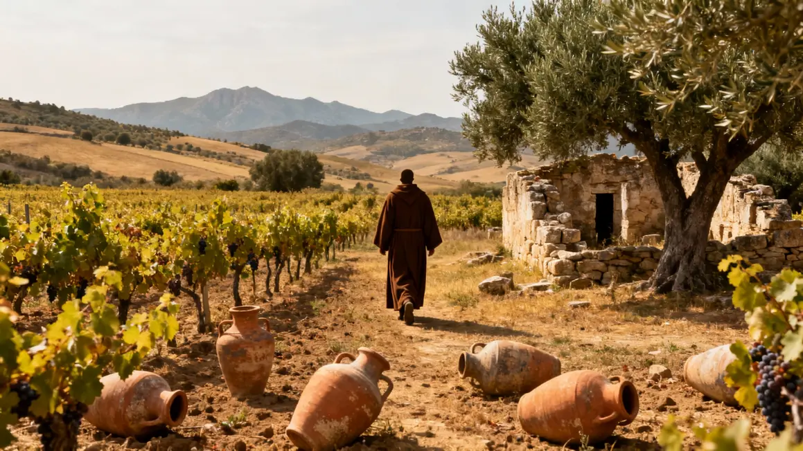 Amphores et moine vignoble Rioja