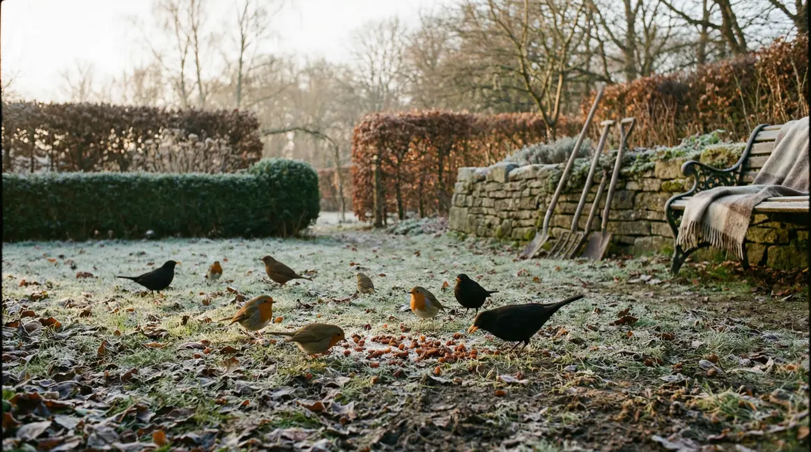 Jardin hivernal européen avec merles et rouges-gorges mangeant des raisins secs