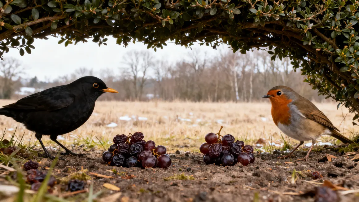 Merle et rouge-gorge sous une haie observant des raisins secs