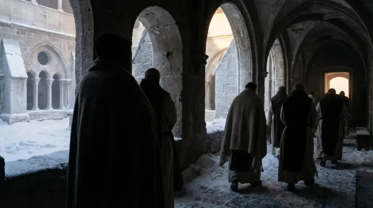 moines dans cloître en hiver avec robes laine