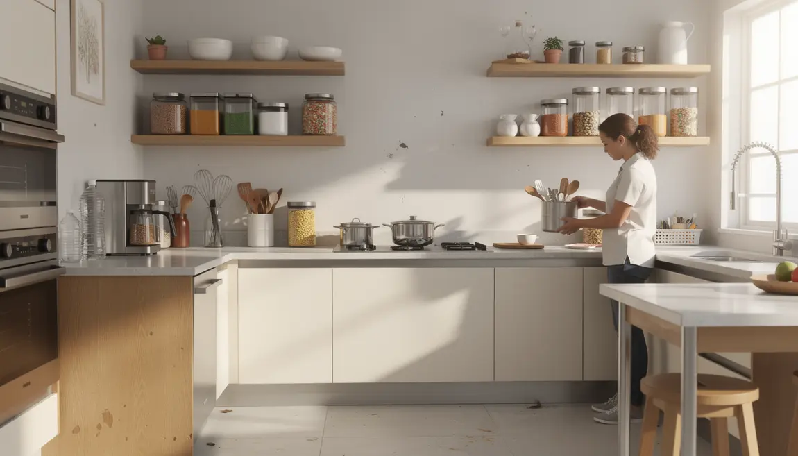 Vue d'ensemble d'une cuisine moderne, rangements pratiques et plans de travail optimisés