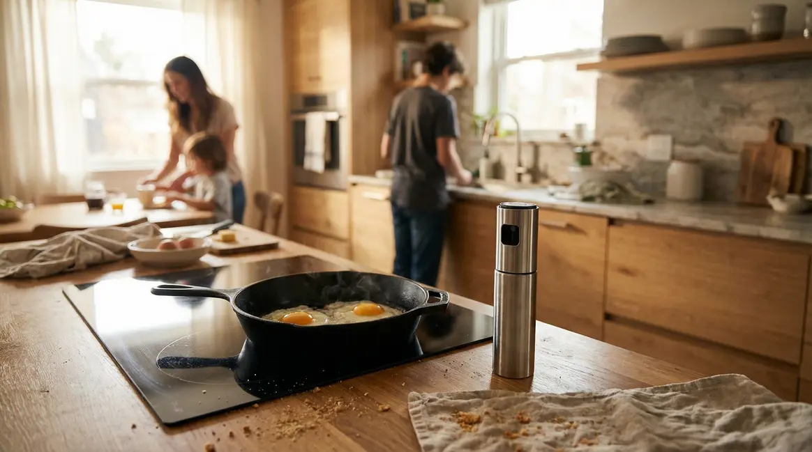 spray de cuisson posé près d'une poêle avec œufs en cuisson