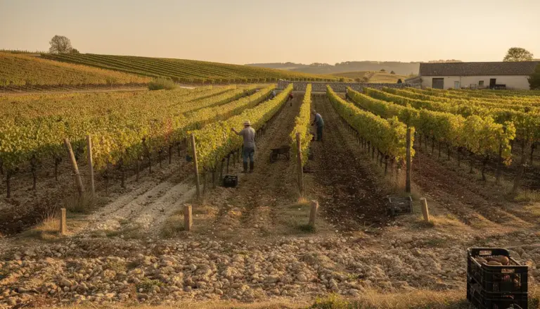 Vignoble français avec vignerons lumière dorée Bordeaux Bourgogne