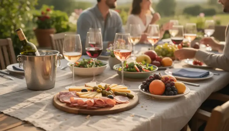 Terrasse ensoleillée avec vins de printemps et été