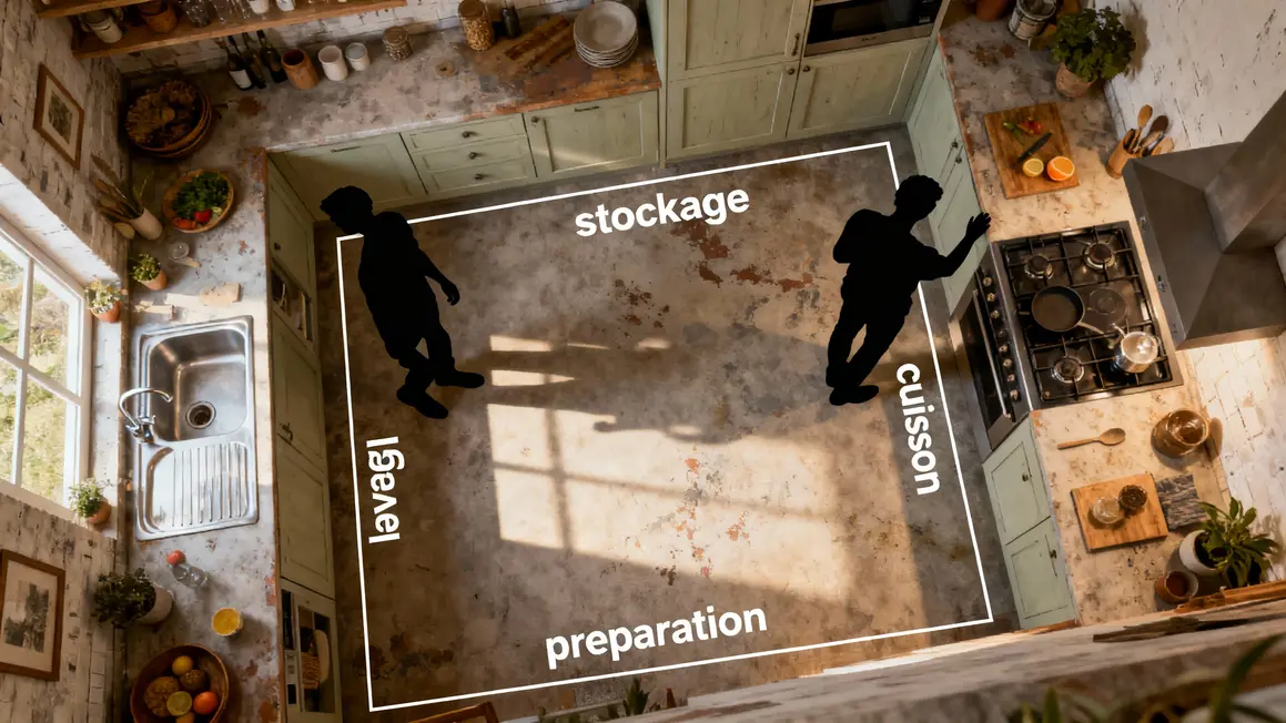 Plan zones fonctionnelles cuisine : stockage, lavage, préparation, cuisson