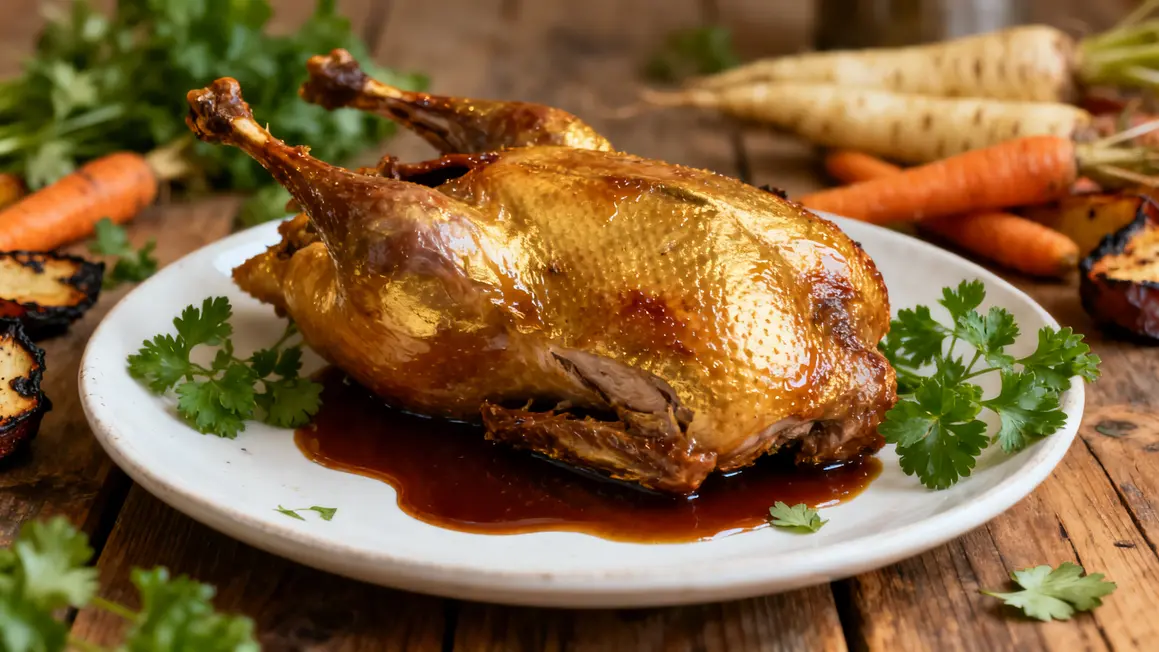 carcasse de canard au four sur assiette, legumes racines, jus concentre