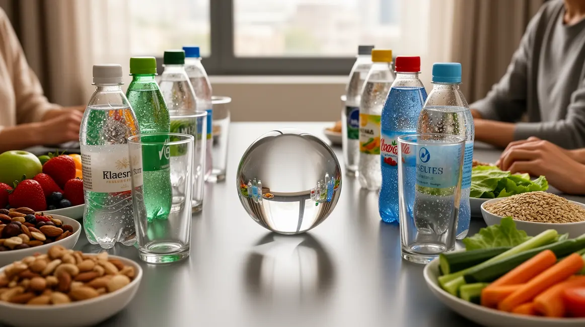 Bouteilles d'eaux gazeuses faibles en sel sur table moderne