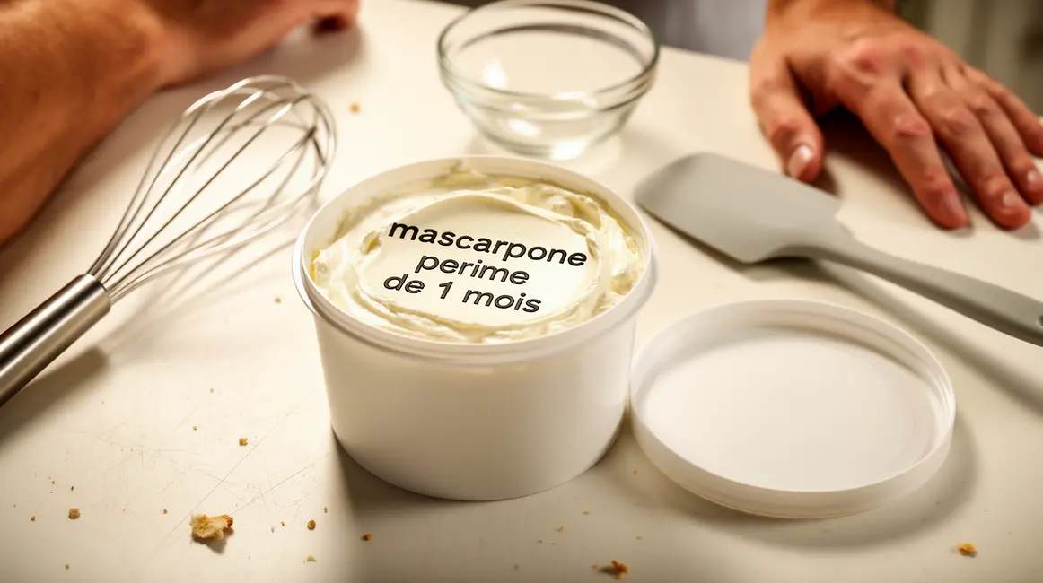 pot de mascarpone périmé de 1 mois sur table cuisine