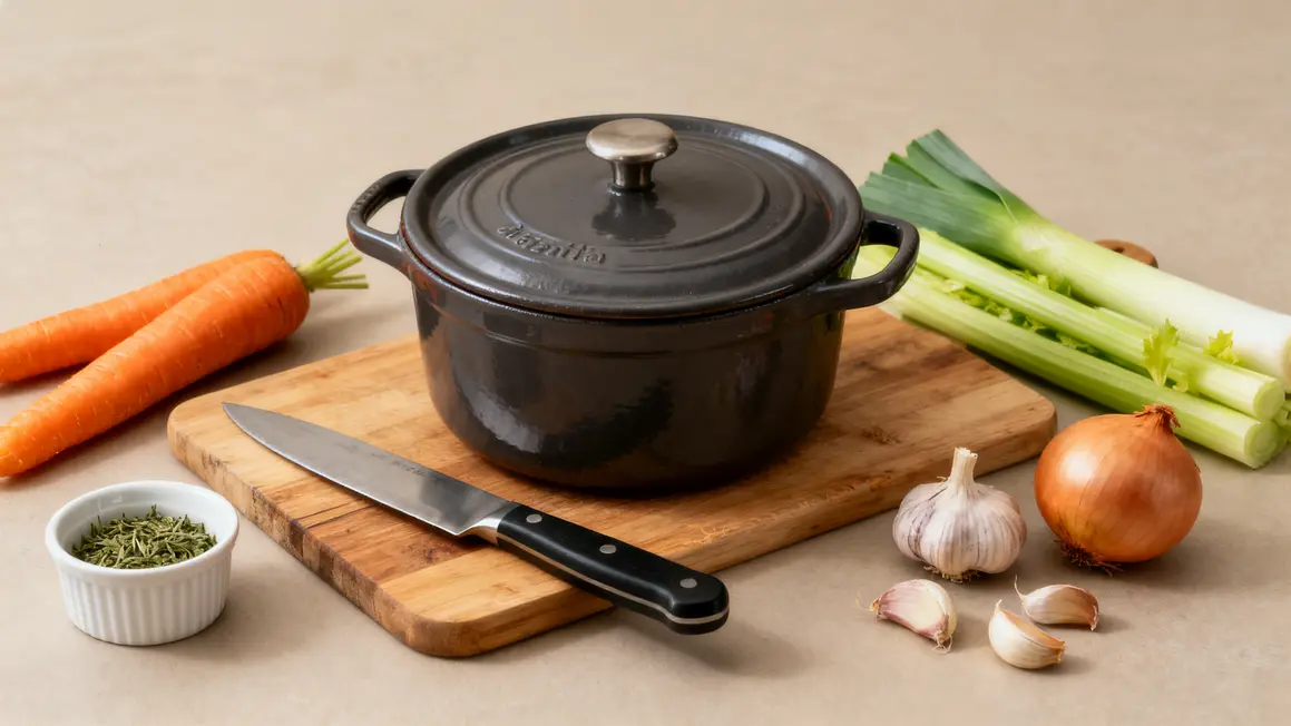 materiel de cuisine et legumes pour cuire carcasse