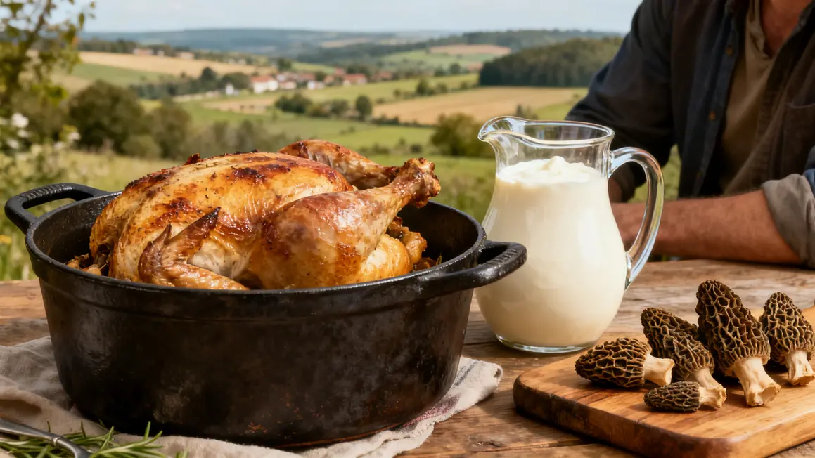 Poulet creme morilles Bresse cocotte paysage rural