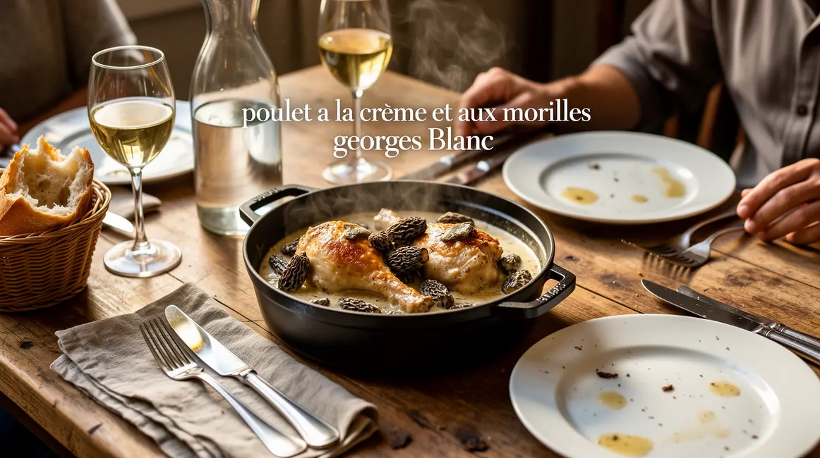 Poulet a la creme et morilles georges blanc sur table bistrot