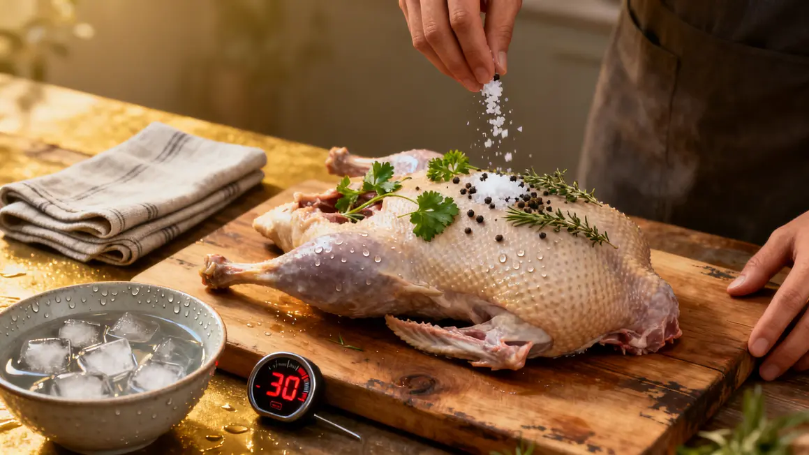 preparation carcasse de canard au four, assaisonnement sel poivre herbes