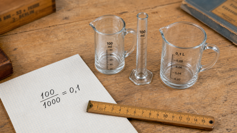 100 ml en litre : 100/1000 = 0,1 L, pichet et doseur