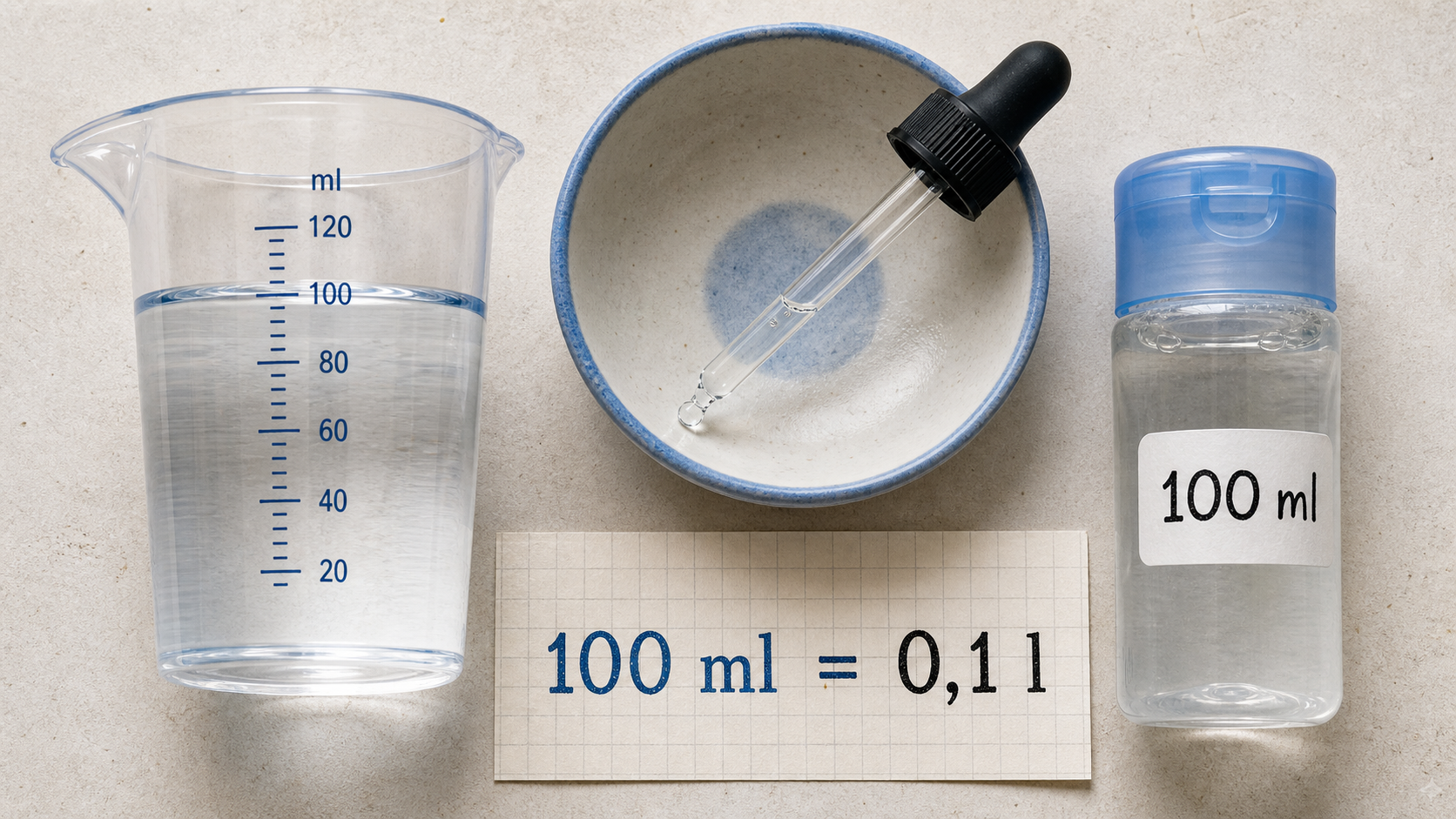 100ml en l : 100 ml = 0,1 l, calcul exact
