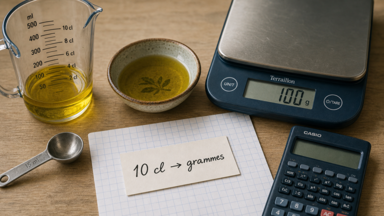 10cl en g : poids variable selon ingrédients (huile, eau)