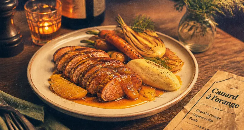 Accompagnement canard à l’orange avec légumes rôtis et sauce