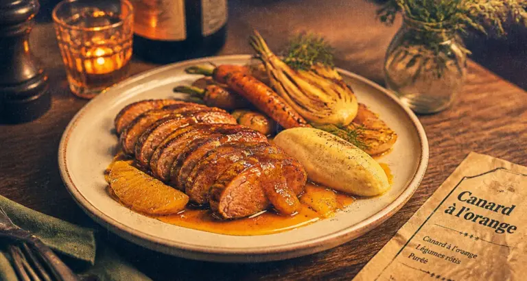 Accompagnement canard à l’orange avec légumes rôtis et sauce