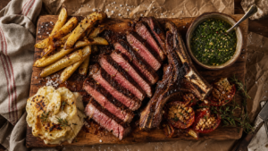 Accompagnement cote de boeuf avec frites maison et garnitures gourmandes