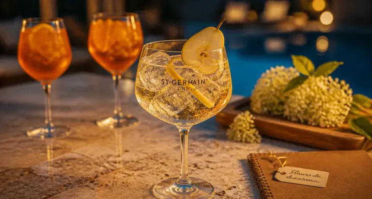 Spritz aperol st germain, fleurs de sureau, zeste et poire, amertume et floralité