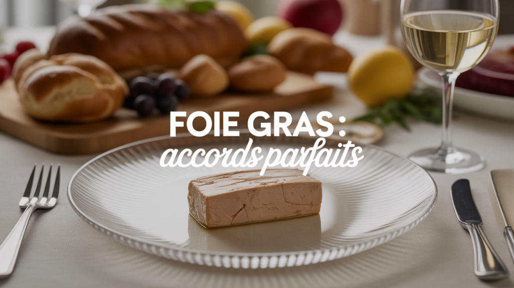 Table élégante avec foie gras, pains, fruits et vin blanc