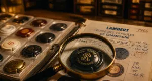 Capsule de champagne les plus rechercher : capsules rares anciennes sur table bois avec loupe