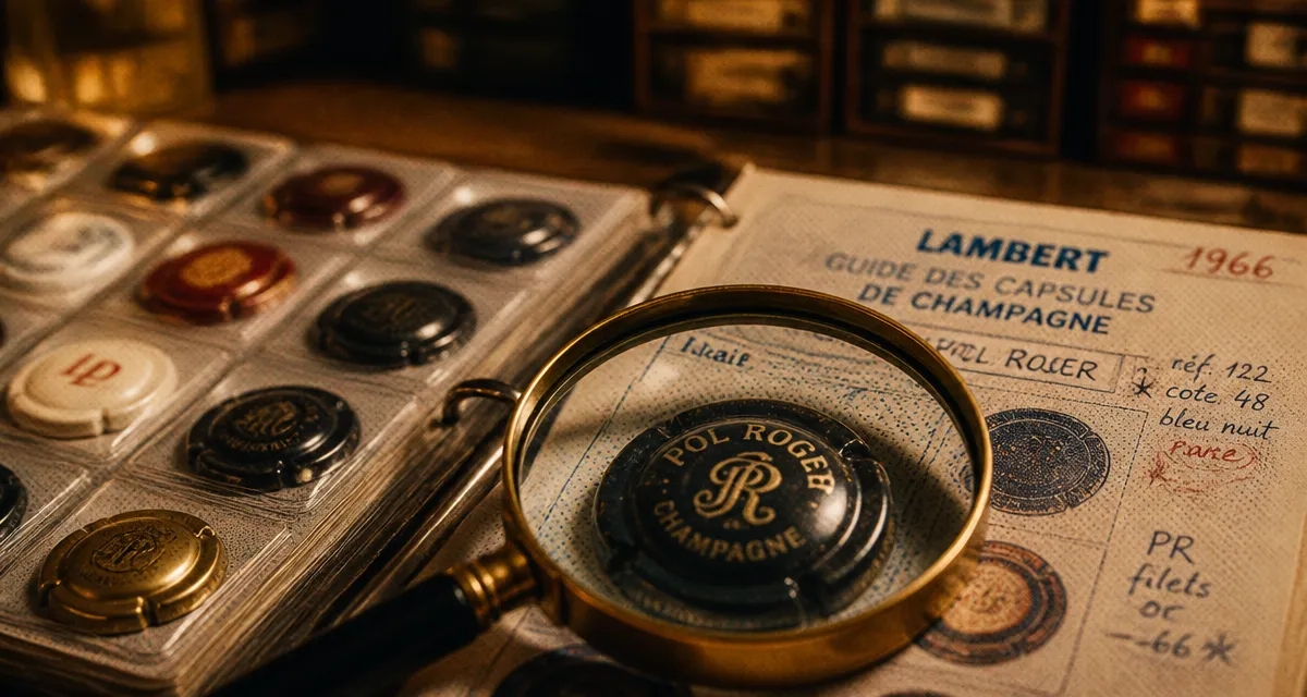 Capsule de champagne les plus rechercher : capsules rares anciennes sur table bois avec loupe