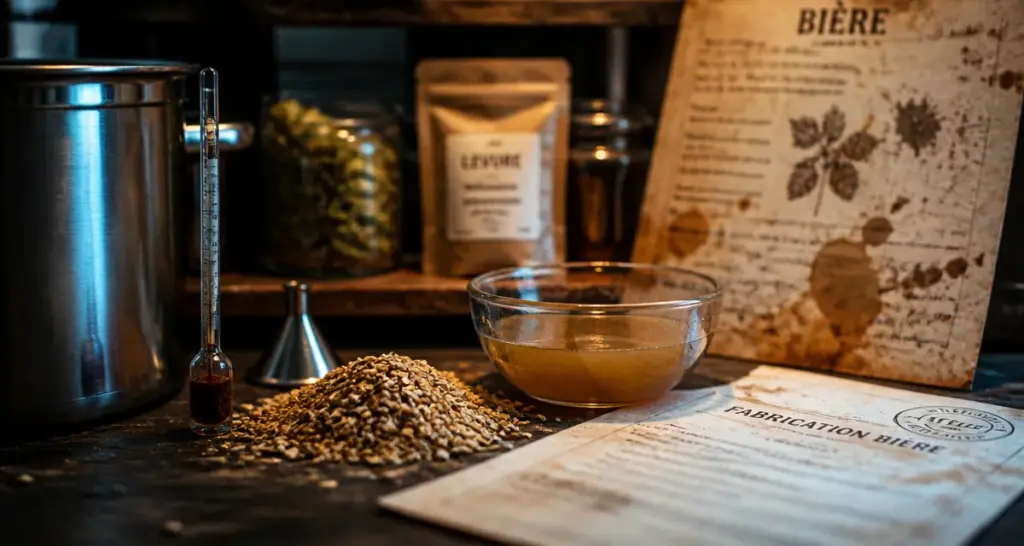 Comment est fait la bière : cuve inox, grains d’orge, moût et thermomètre de brassage