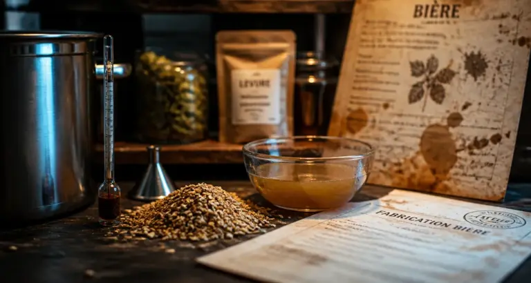 Comment est fait la bière : cuve inox, grains d’orge, moût et thermomètre de brassage