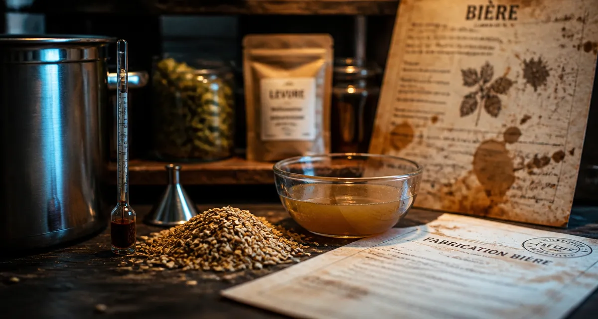 Comment est fait la bière : cuve inox, grains d’orge, moût et thermomètre de brassage