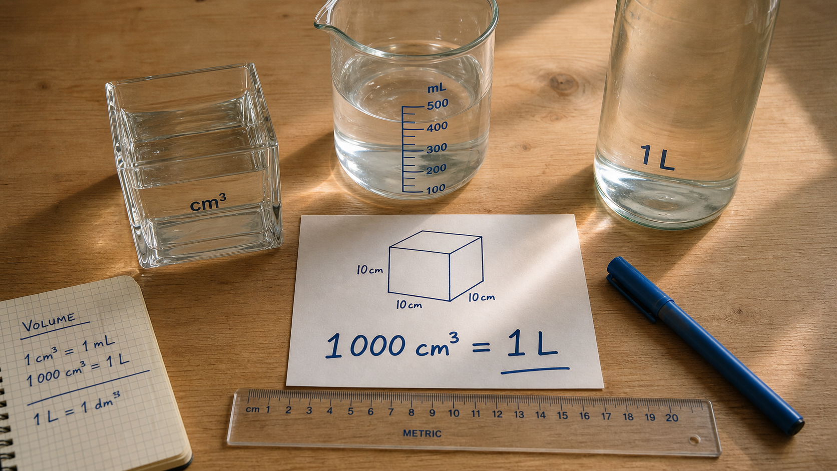 Conversion cm3 en l : schéma 1 000 cm³ = 1 L, bécher et bouteille 1 L