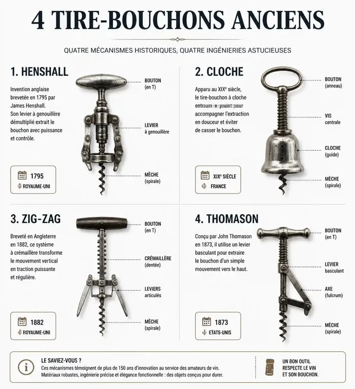 Infographie comparative des différents modèles de tire-bouchons anciens et leurs caractéristiques techniques.