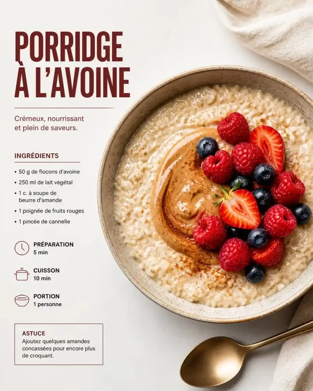 Recette de porridge onctueux avoine et beurre d'amande pour un petit déjeuner équilibré