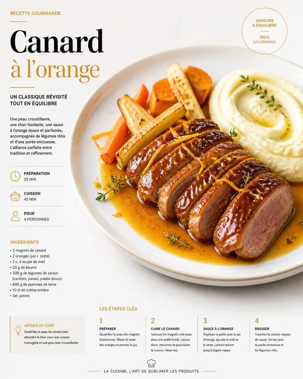Canard à l'orange accompagné de légumes rôtis et purée, une idée d'accompagnement canard à l'orange pour un repas festif.