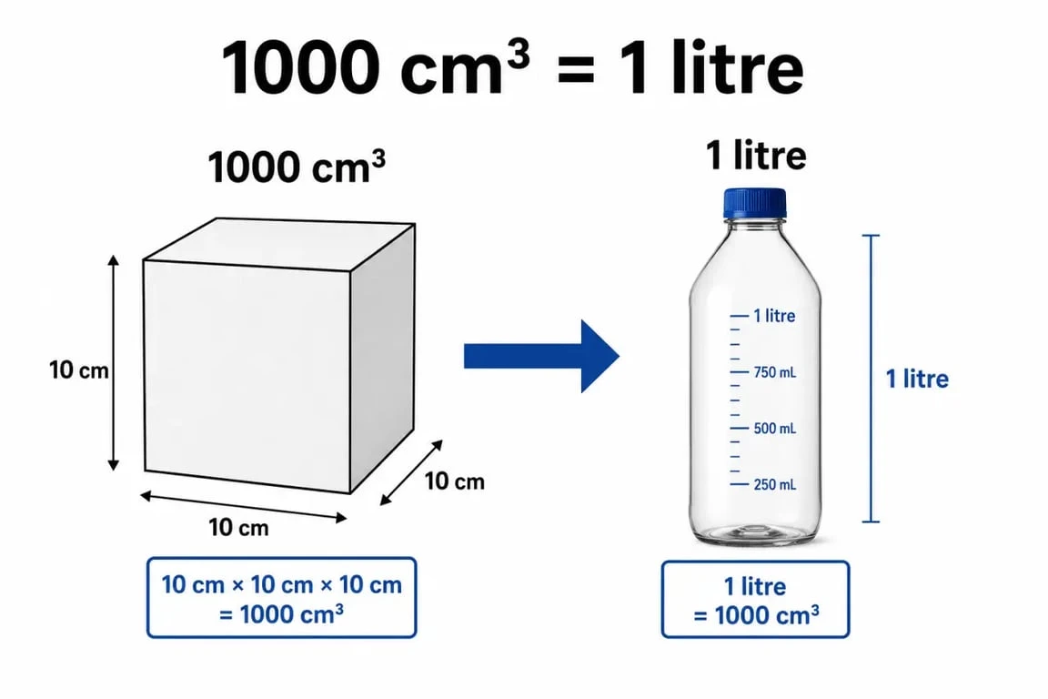 Schéma illustrant la conversion de 1000 cm³ en 1 litre pour comprendre le rapport entre les unités de volume.